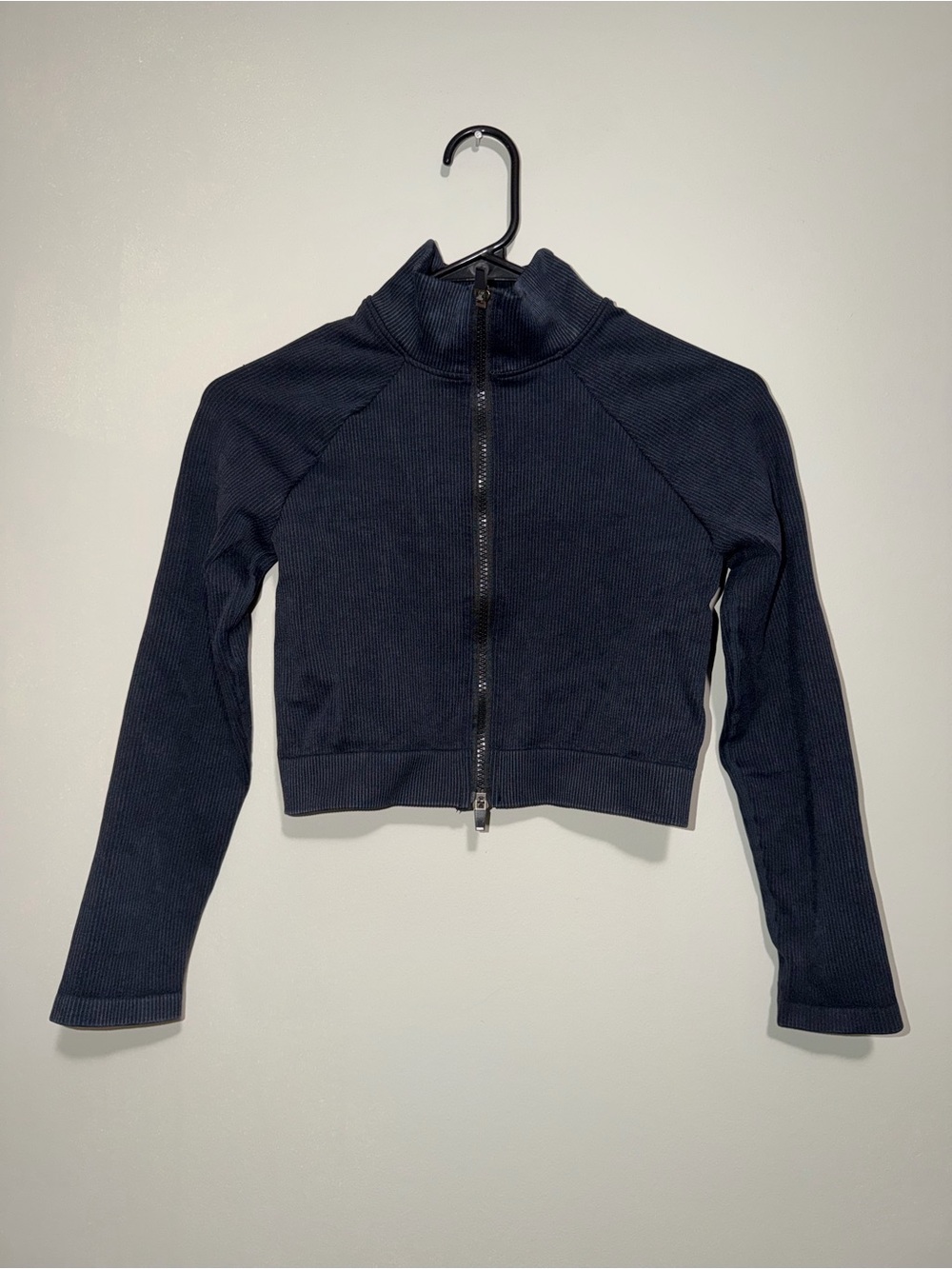 Mono B Black Ribbed Cropped Zip-Up Athletic Jacket Small